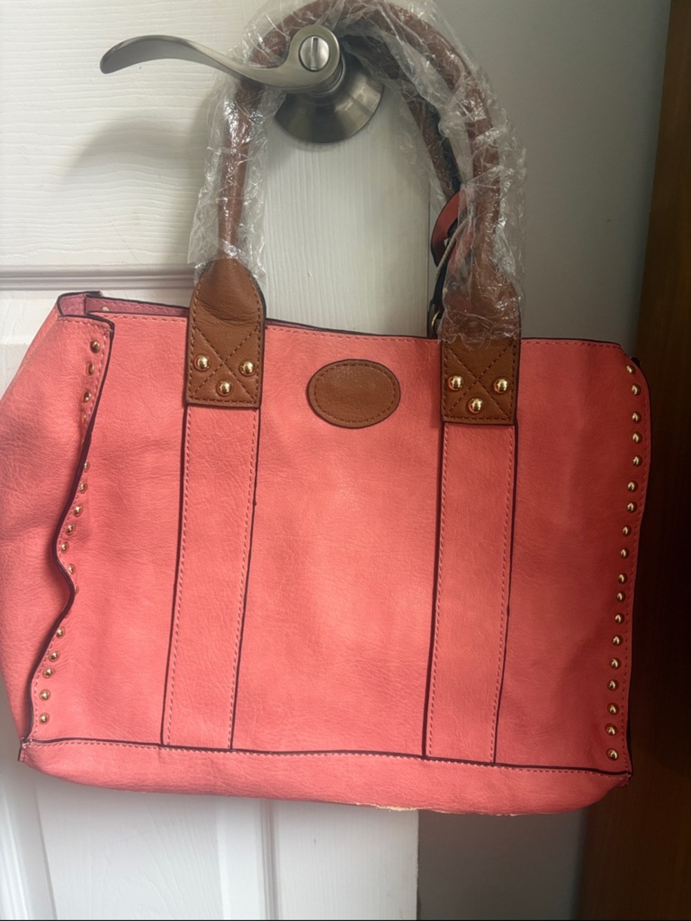 Coral Studded Tote with Brown Handles and Matching Pouch - Picture 5 of 7